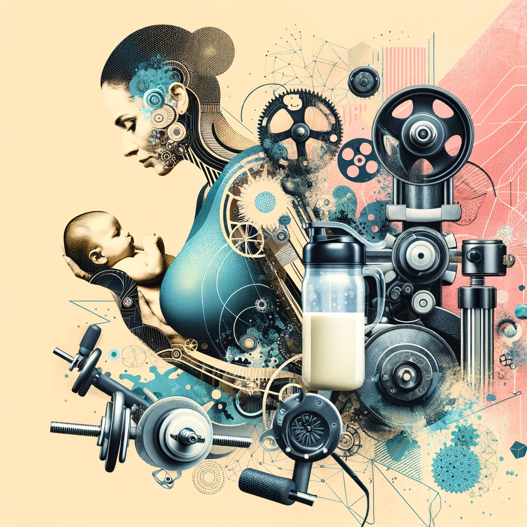 Artistic representation of a breastfeeding mother with fitness equipment, highlighting the balance between motherhood and EMS personal fitness in a stylish, feminine, and abstract manner. The image encapsulates the essence of combining maternal responsibilities with advanced fitness techniques like Electrical Muscle Stimulation.
