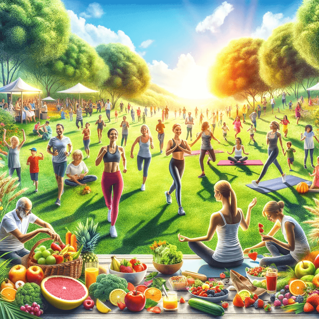Group of diverse people enjoying outdoor activities for a healthy lifestyle in a green park, practicing yoga, jogging, and having a picnic with fruits and vegetables.
